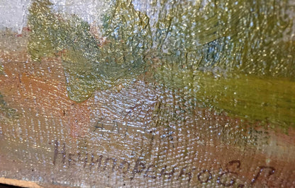 Back of oil painting by Elena Genrikhovna March Nechiporenko with textured green brown brushstrokes and signature