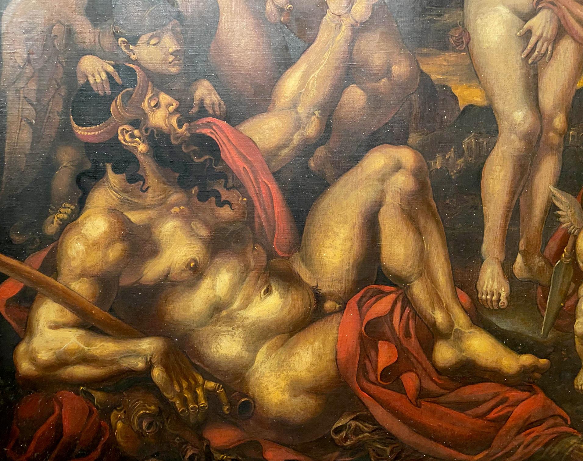 Oil painting by Oleg Litvinov: nude muscular man with dark curly hair reclined