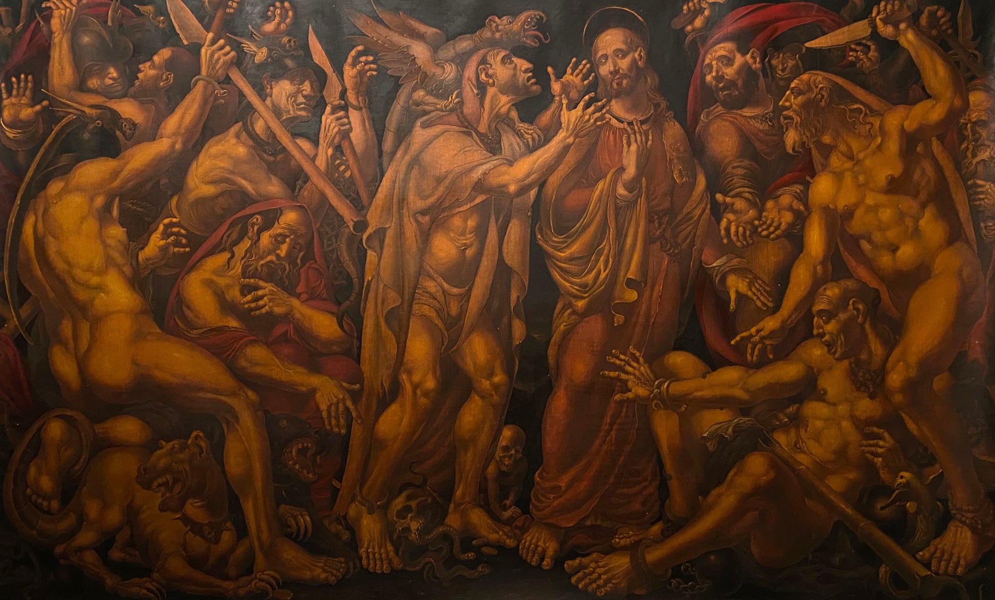 Oil painting A meeting by Litvinov Oleg Arkad’yevich, dramatic red-gold figure amid warriors