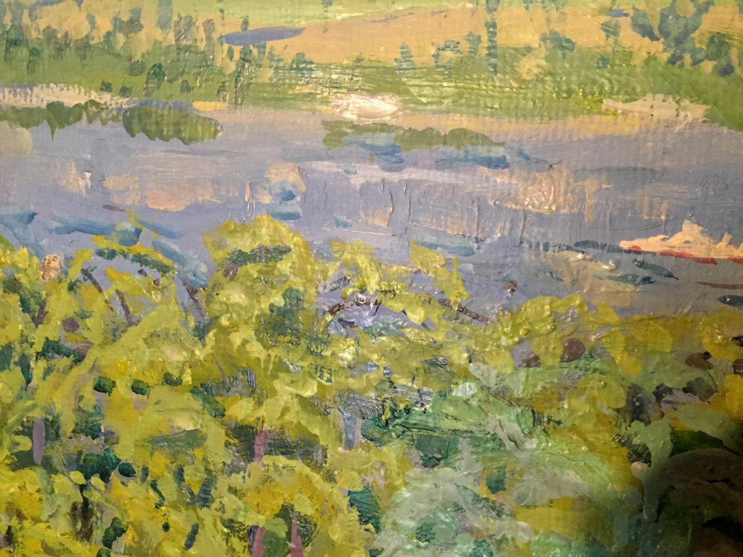 Oil painting Forest by Kolosovsky Georgy Sergeevich, vibrant yellow green foliage on blue-gray water