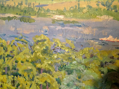 Oil painting Forest by Kolosovsky Georgy Sergeevich, vibrant yellow green foliage on blue-gray water