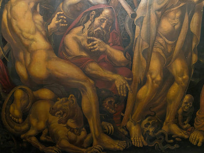Oil painting by Litvinov Oleg Arkad’yevich: bearded man in red robes with muscular figures and animals