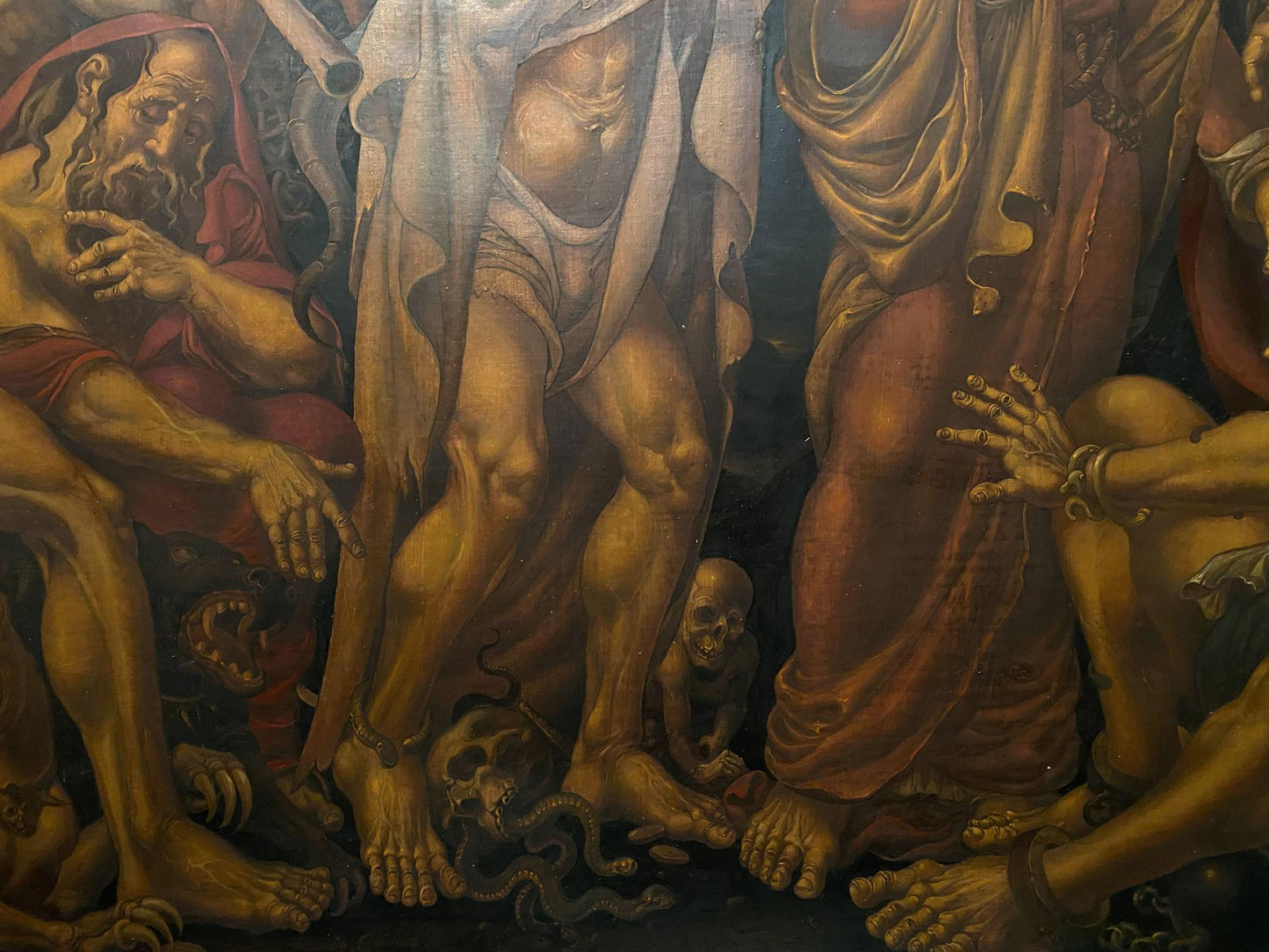 Oil painting fragment by Litvinov Oleg Arkad’yevich: muscular golden figure in red ochre robes
