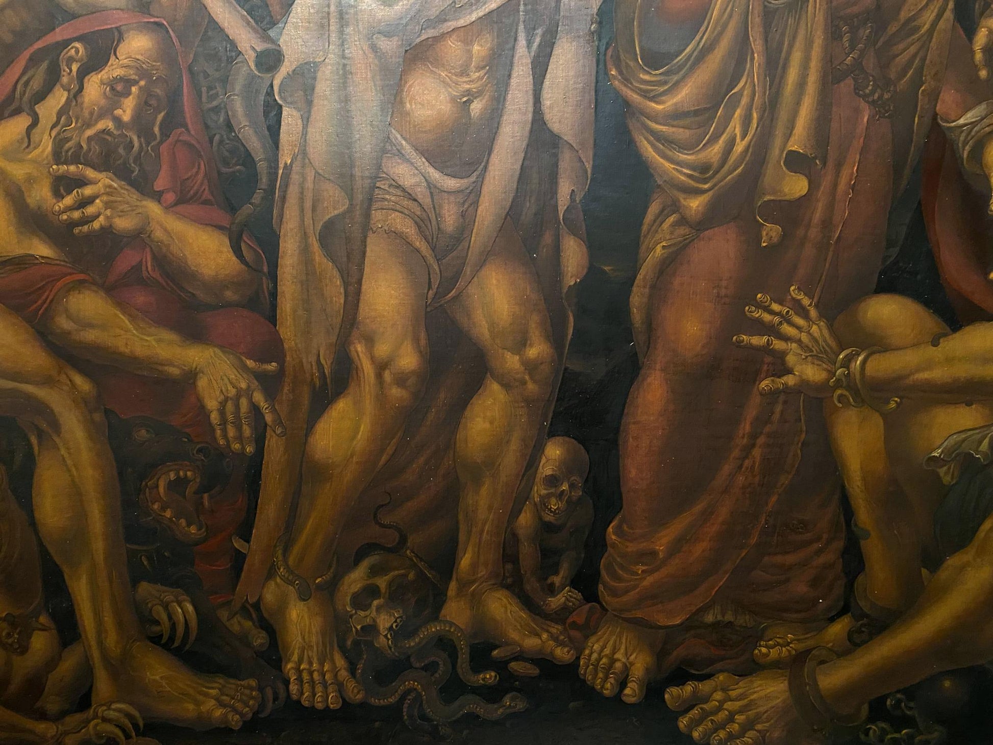 Oil painting fragment by Litvinov Oleg Arkad’yevich: muscular golden figure in red ochre robes