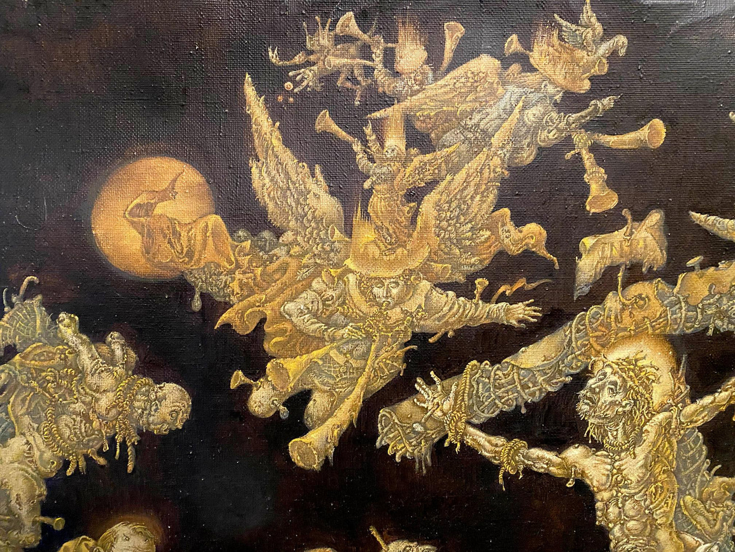 20th century oil painting by Litvinov Oleg Arkad’yevich: golden winged figure in ornate armor amid apocalyptic creatures on dark background