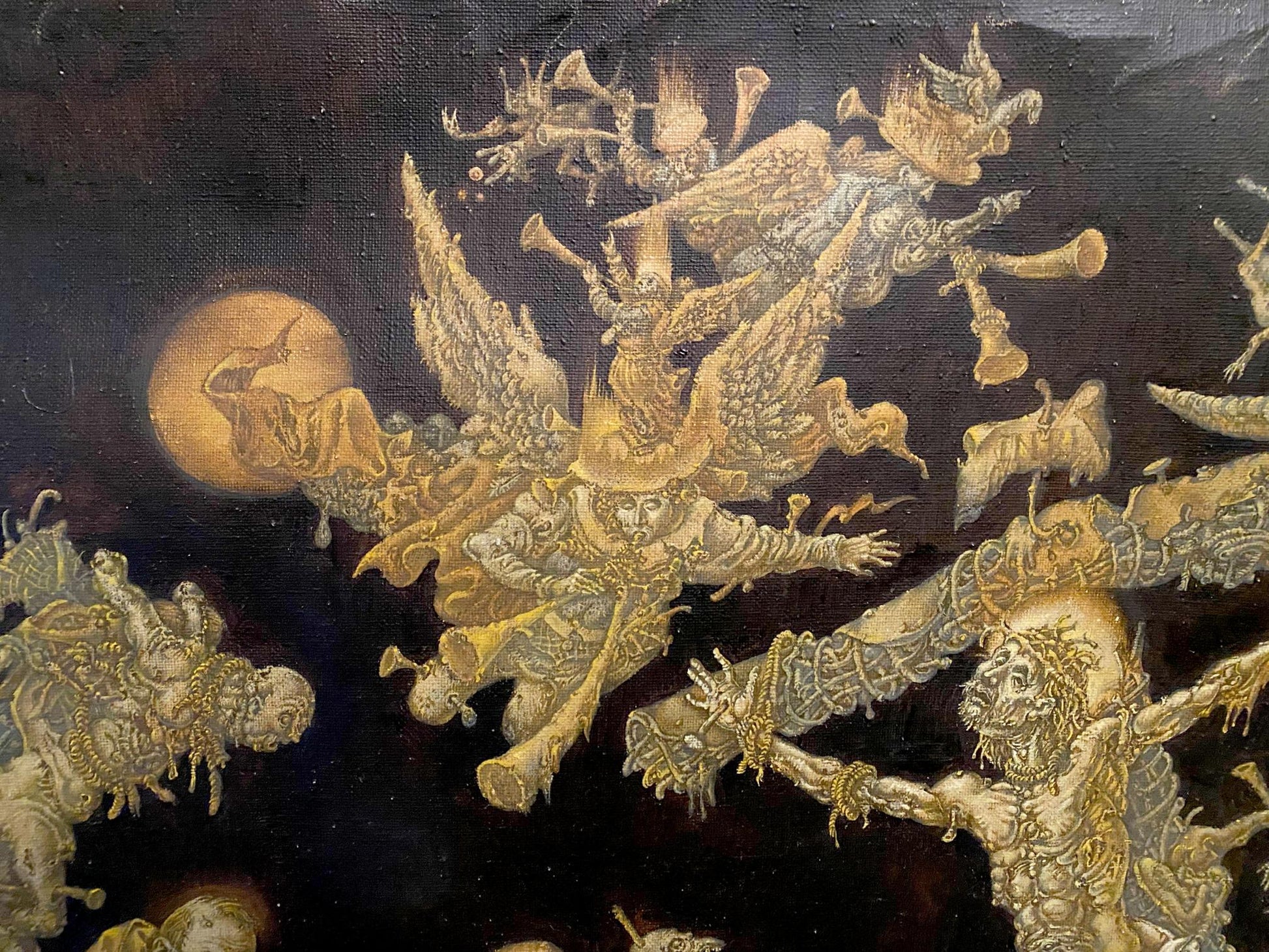 Golden winged figure in ornate armor in chaotic celestial apocalypse by Litvinov Oleg Arkad’yevich, 20th century oil painting