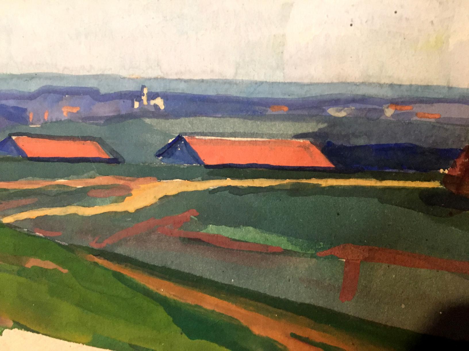 Oil painting Fields by Khrustalenko Nikolay Aleksandrovich, watercolor red roofs landscape