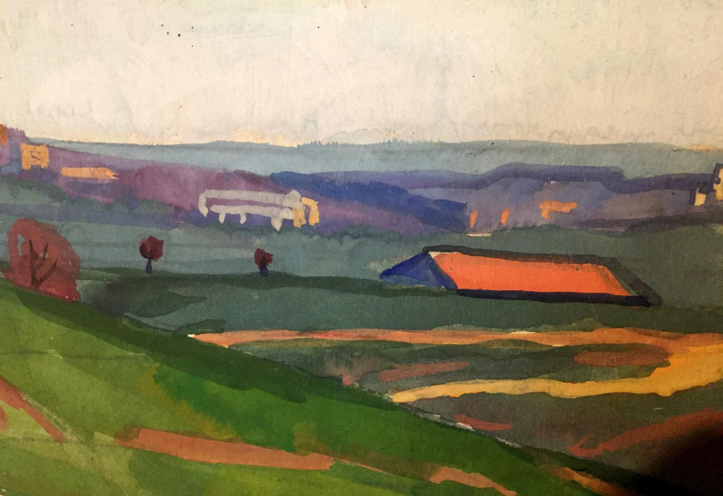 Oil painting Fields by Khrustalenko Nikolay Aleksandrovich, watercolor hills and barn