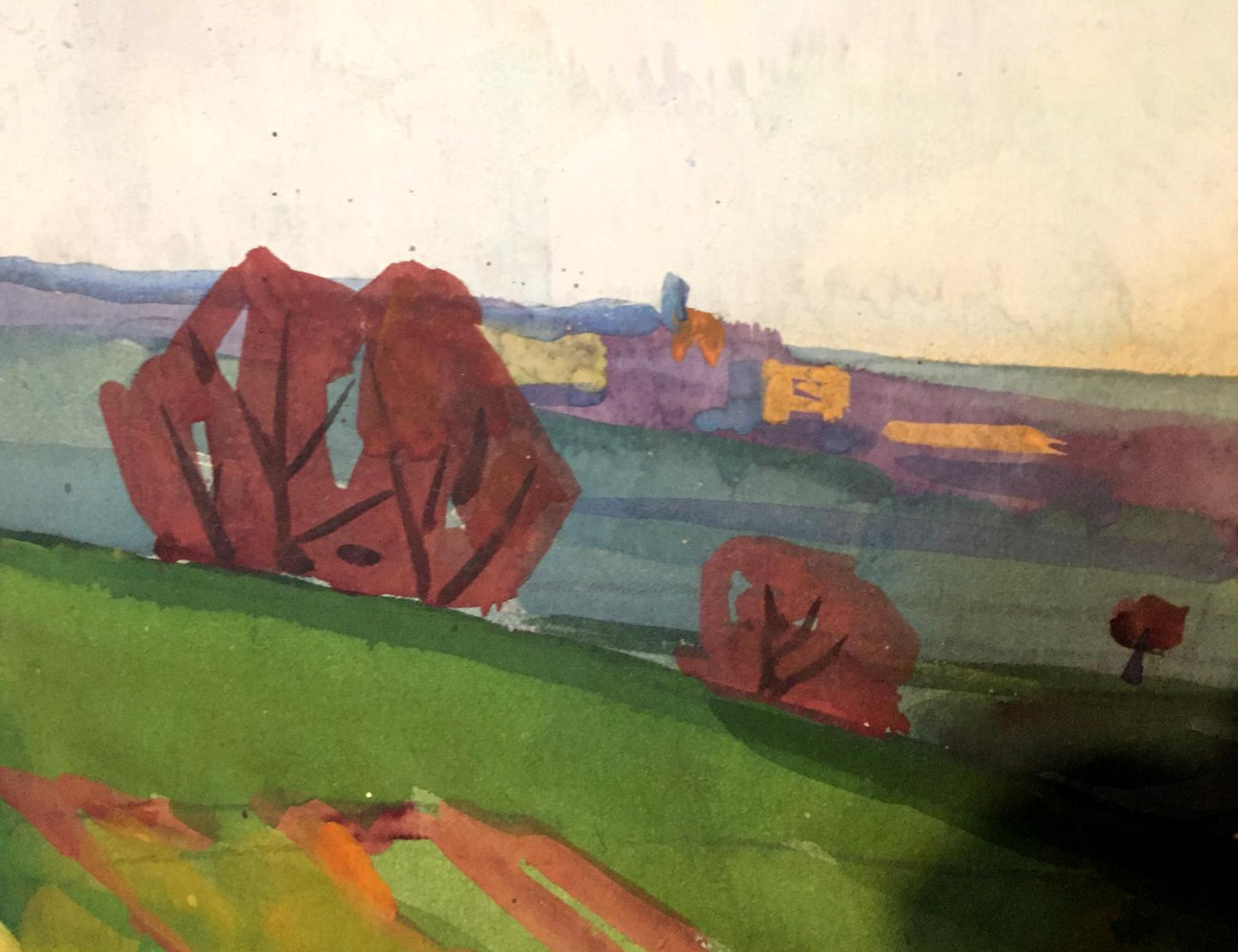Oil painting Fields by Khrustalenko Nikolay Aleksandrovich, watercolor red trees hillside