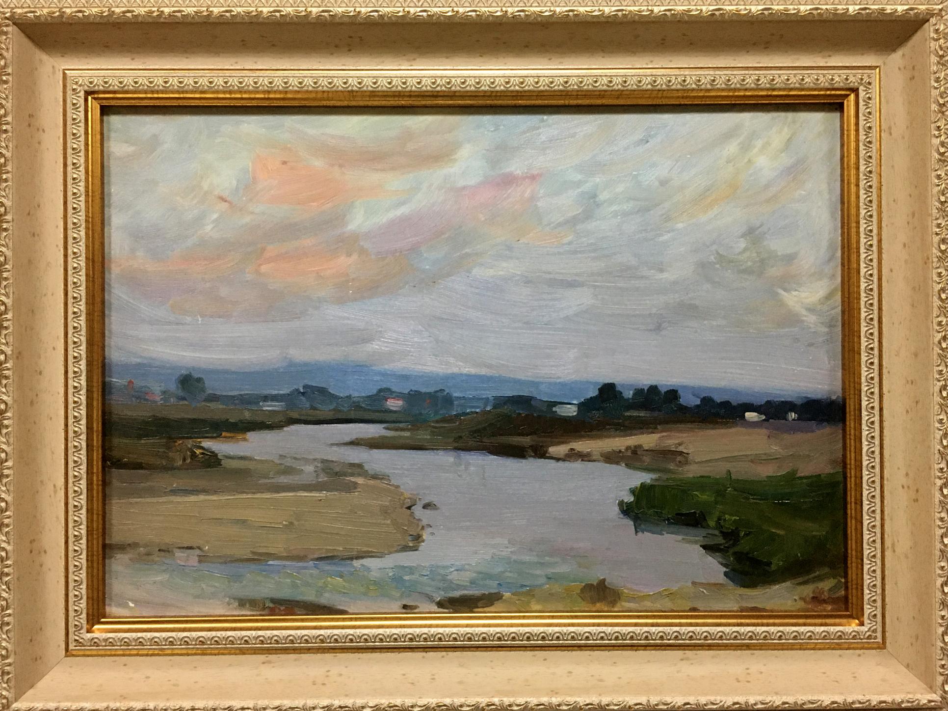 Oil painting River flows by Trokhimenko Karp Demyanovych in ornate gold frame