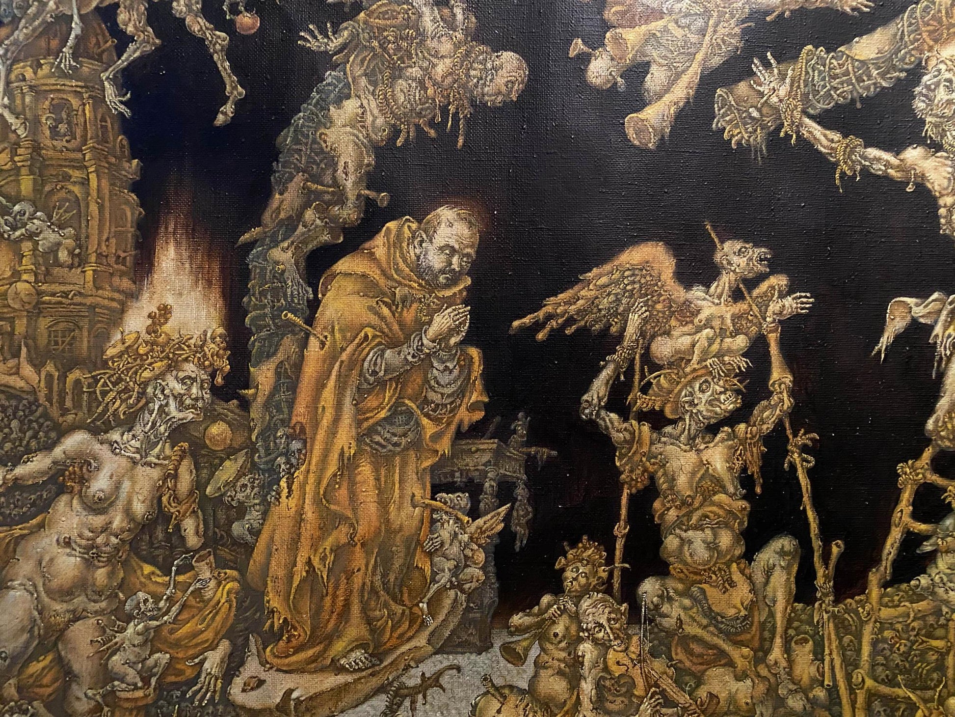 20th century oil painting by Litvinov Oleg Arkad’yevich: apocalyptic tapestry with golden-robed figure amid skeletal creatures on black background