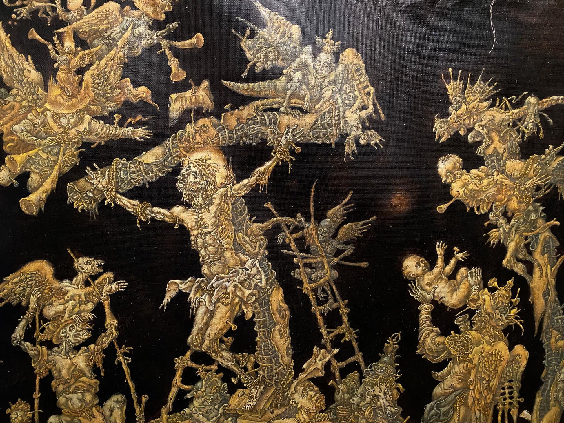 20th century oil painting by Litvinov Oleg Arkad’yevich: golden fantastical creatures on black background