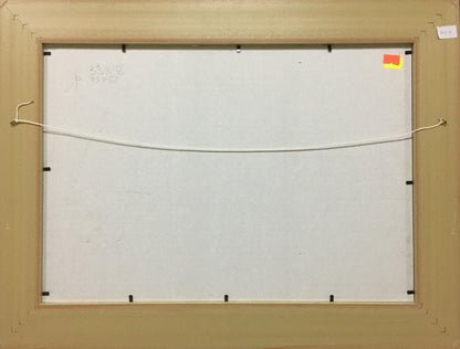 Back of beige wooden frame with black brackets for Trokhimenko oil painting