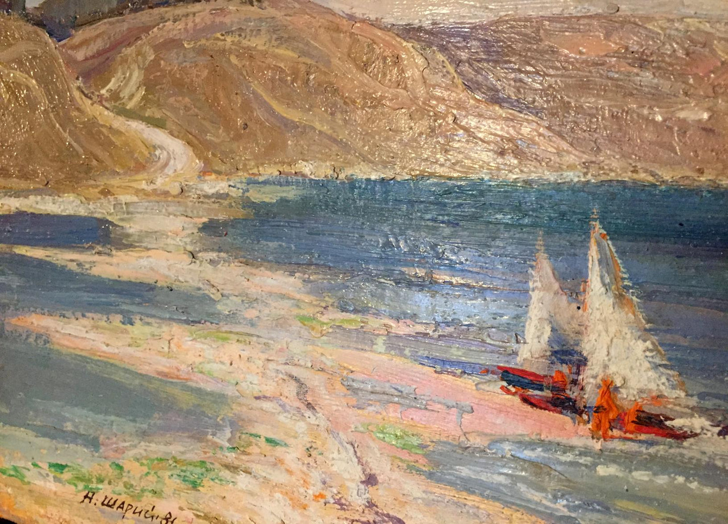Oil painting Ship at the Sea by Shary Anatoly Ivanovich, vibrant red sailboat