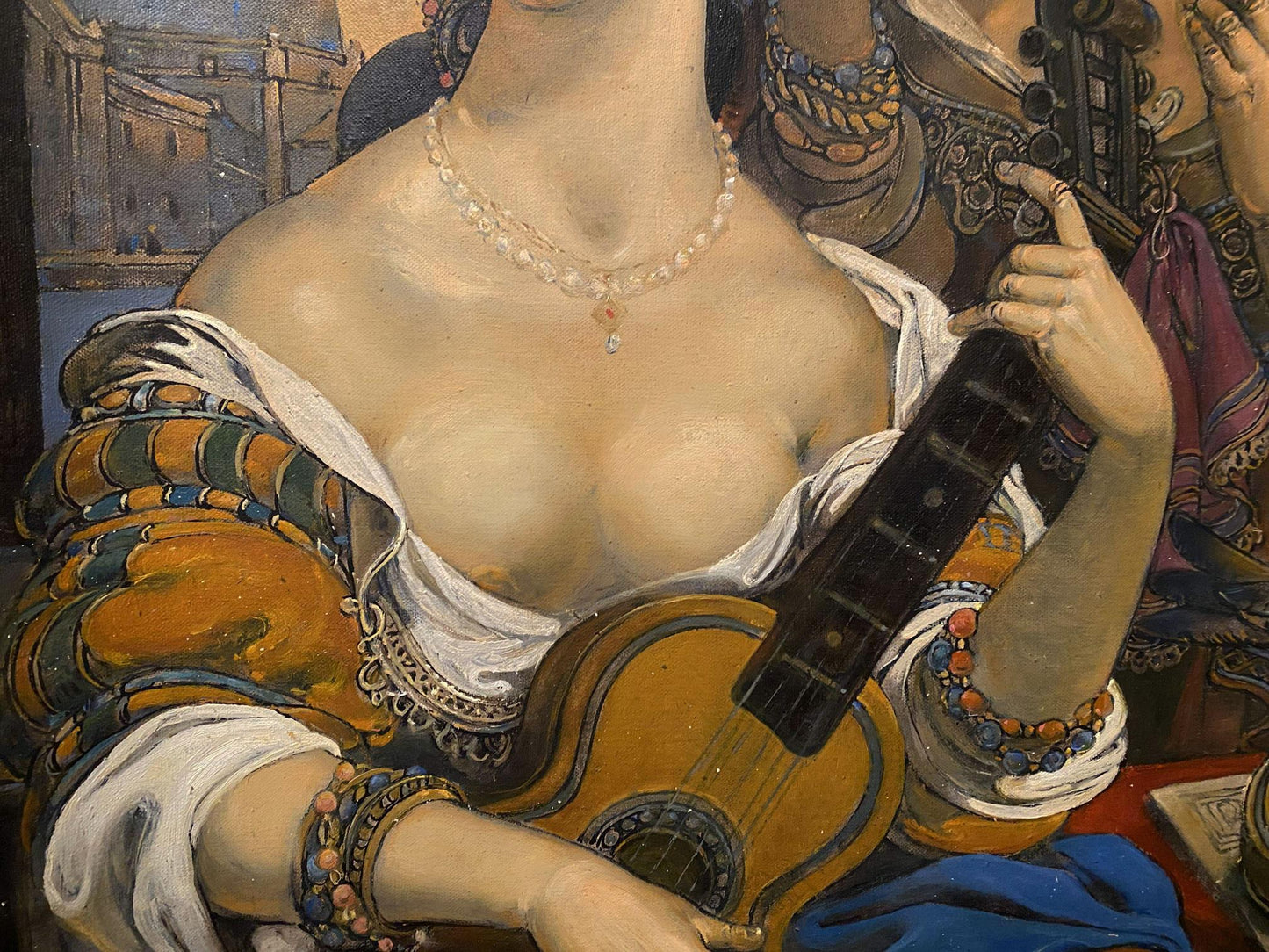 Oil painting Birth of a Melody by Litvinov Oleg Arkad’yevich: woman in orange green gown with lute