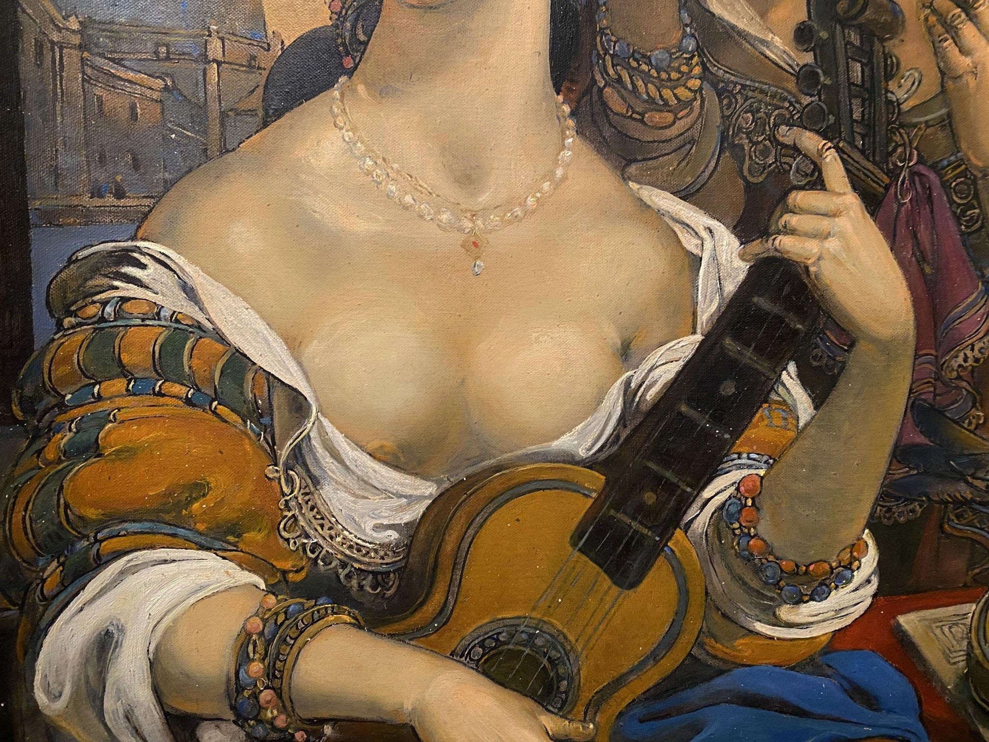 Oil painting Birth of a Melody by Litvinov Oleg Arkad’yevich: woman in orange green gown with lute