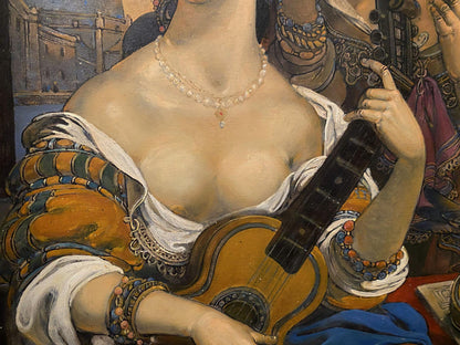Oil painting Birth of a Melody by Litvinov Oleg Arkad’yevich: woman in orange green gown with lute