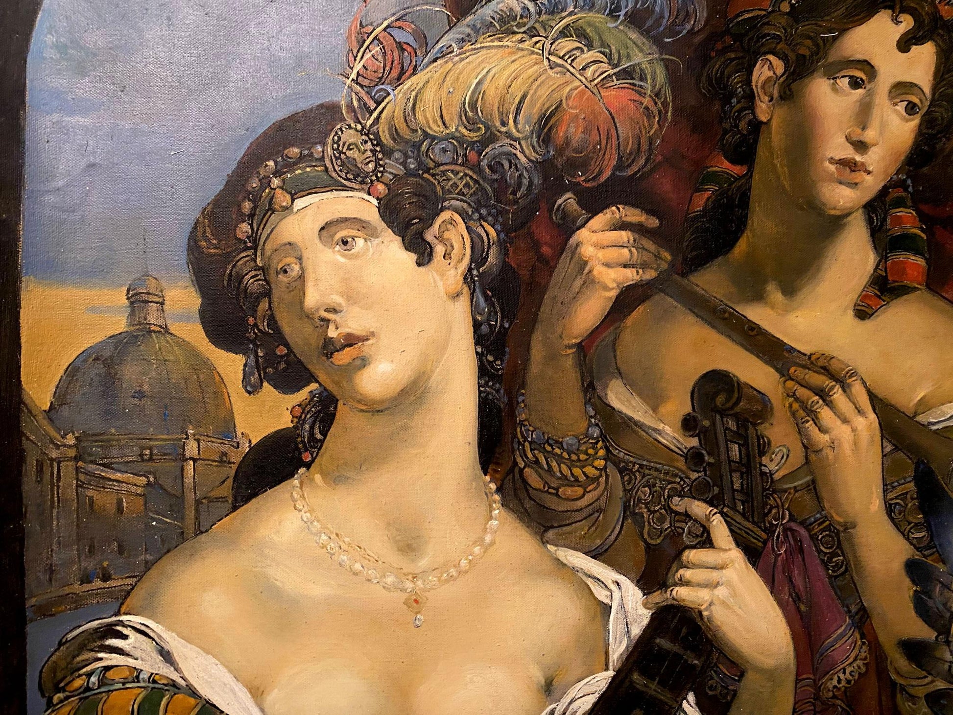 Oil painting Birth of a Melody by Litvinov Oleg Arkad’yevich with woman in feathered jeweled headgear