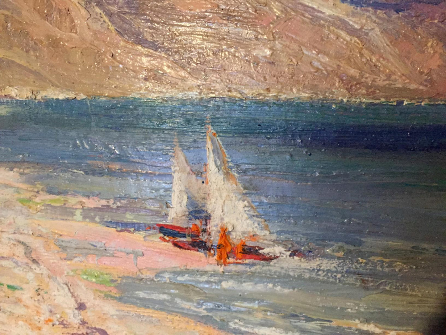 Oil painting of sailboat with orange hull by Shary Anatoly Ivanovich