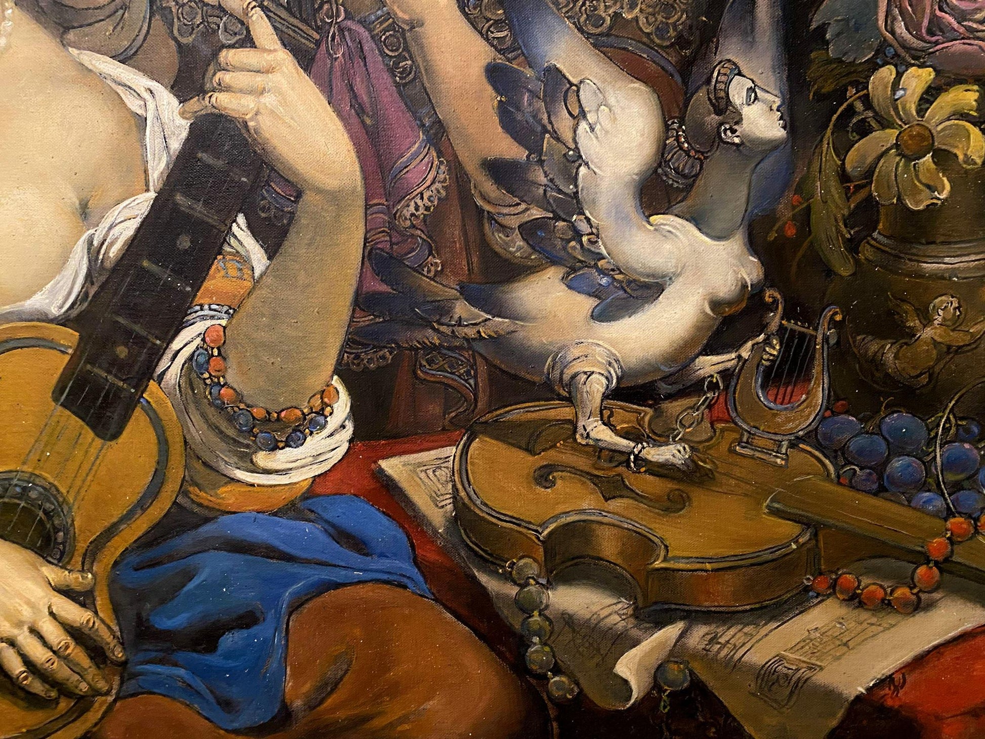 Oil painting Birth of a Melody by Litvinov Oleg Arkad’yevich: white blue winged figure on violin