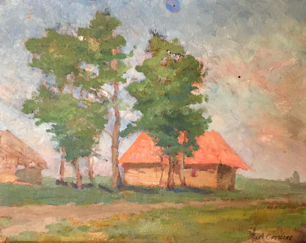 Rustic oil painting of thatched cottages in forest by Leonid Mikhailovich Stil