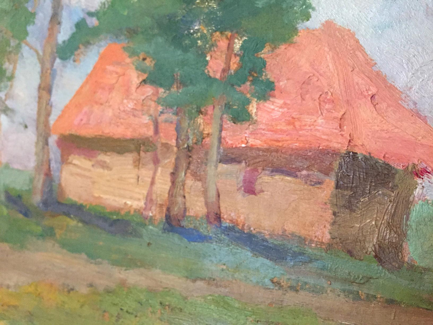 Oil painting of rustic house in forest by Leonid Mikhailovich Stil