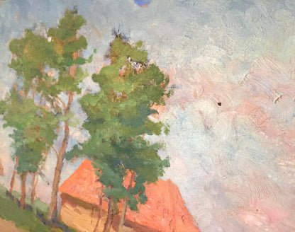 Oil painting of orange-roofed house in forest by Leonid Mikhailovich Stil