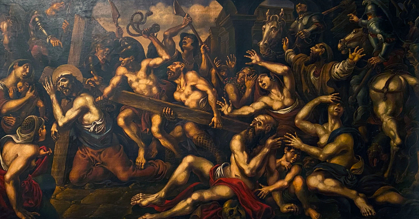 Oil painting of Jesus carrying cross in crowd by Oleg Litvinov