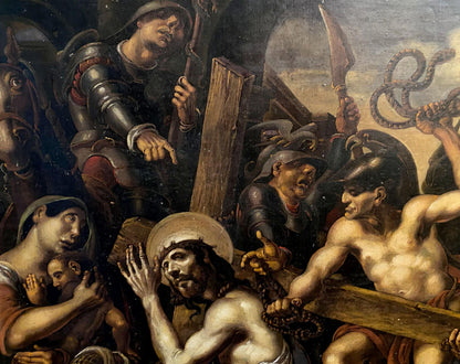 Classical oil painting of Jesus carrying the cross in a crowd by Oleg Litvinov