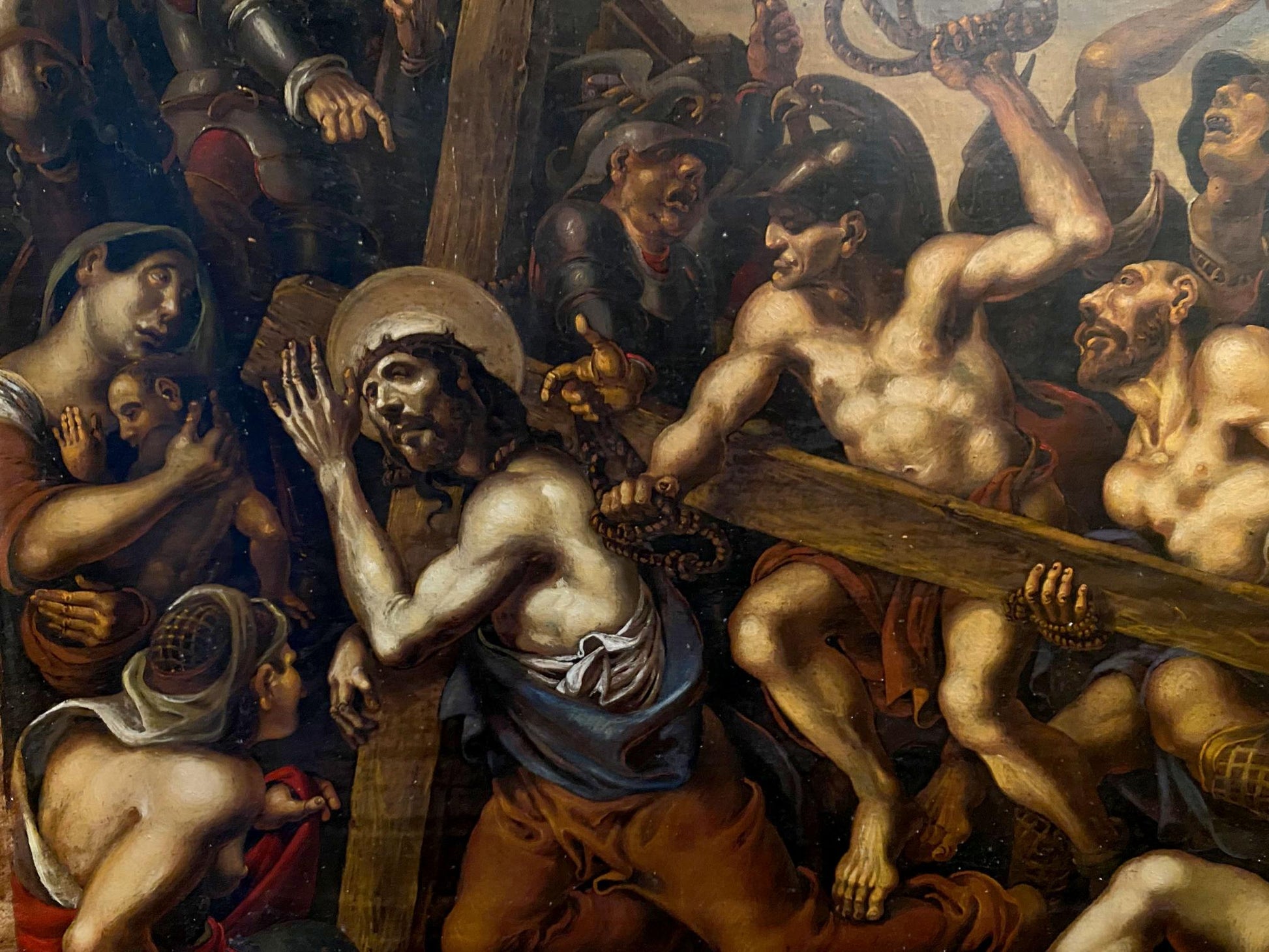 Classical oil painting of Jesus carrying cross in crowd by Oleg Litvinov