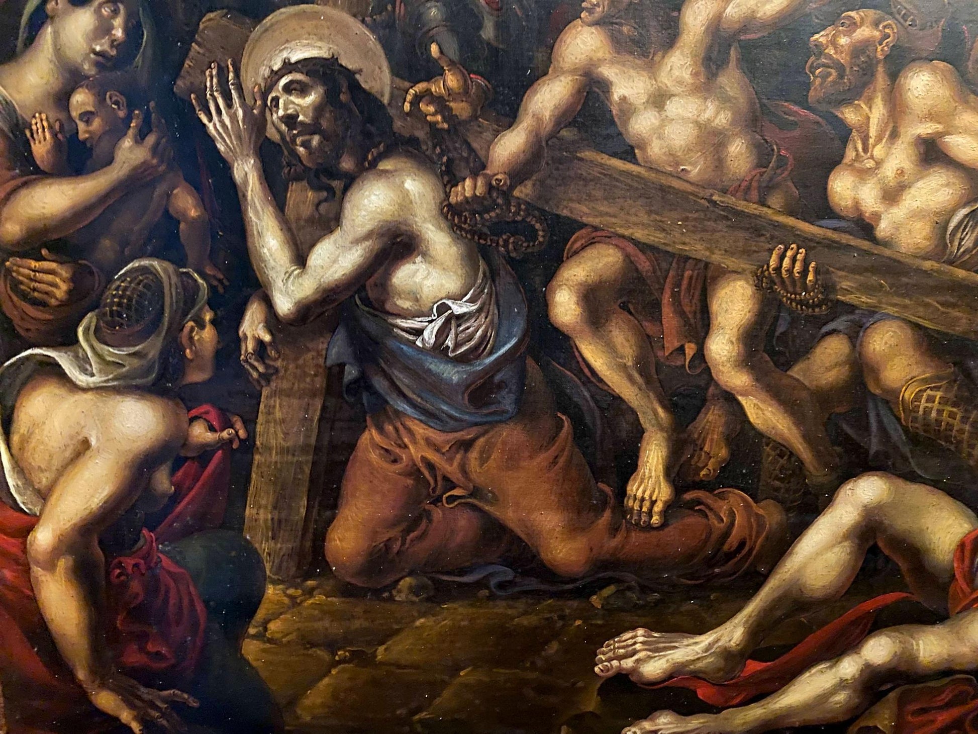 Classical oil painting of Jesus carrying cross in crowd by Oleg Litvinov