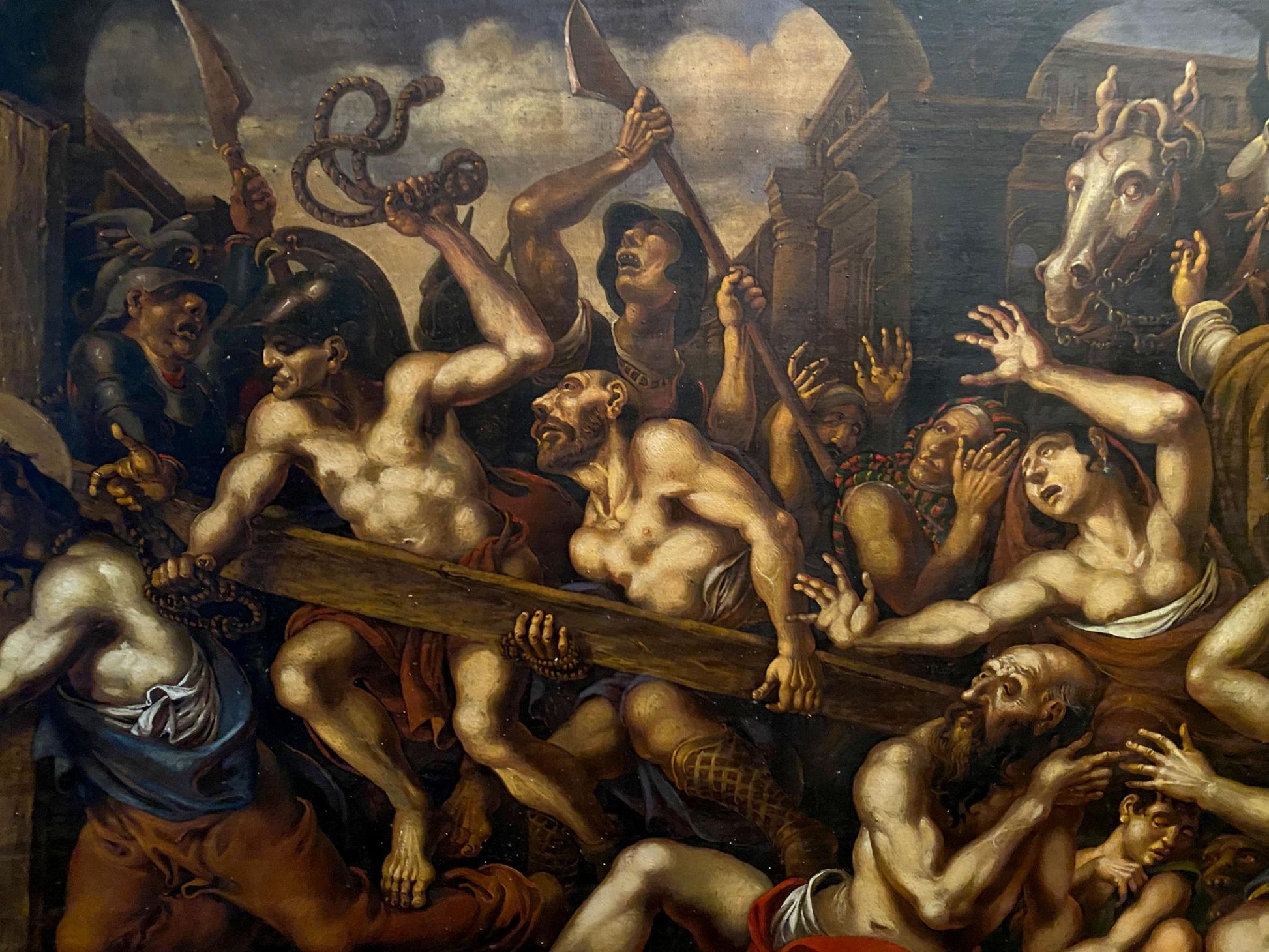 Dramatic oil painting of carrying a cross in crowd by Oleg Litvinov