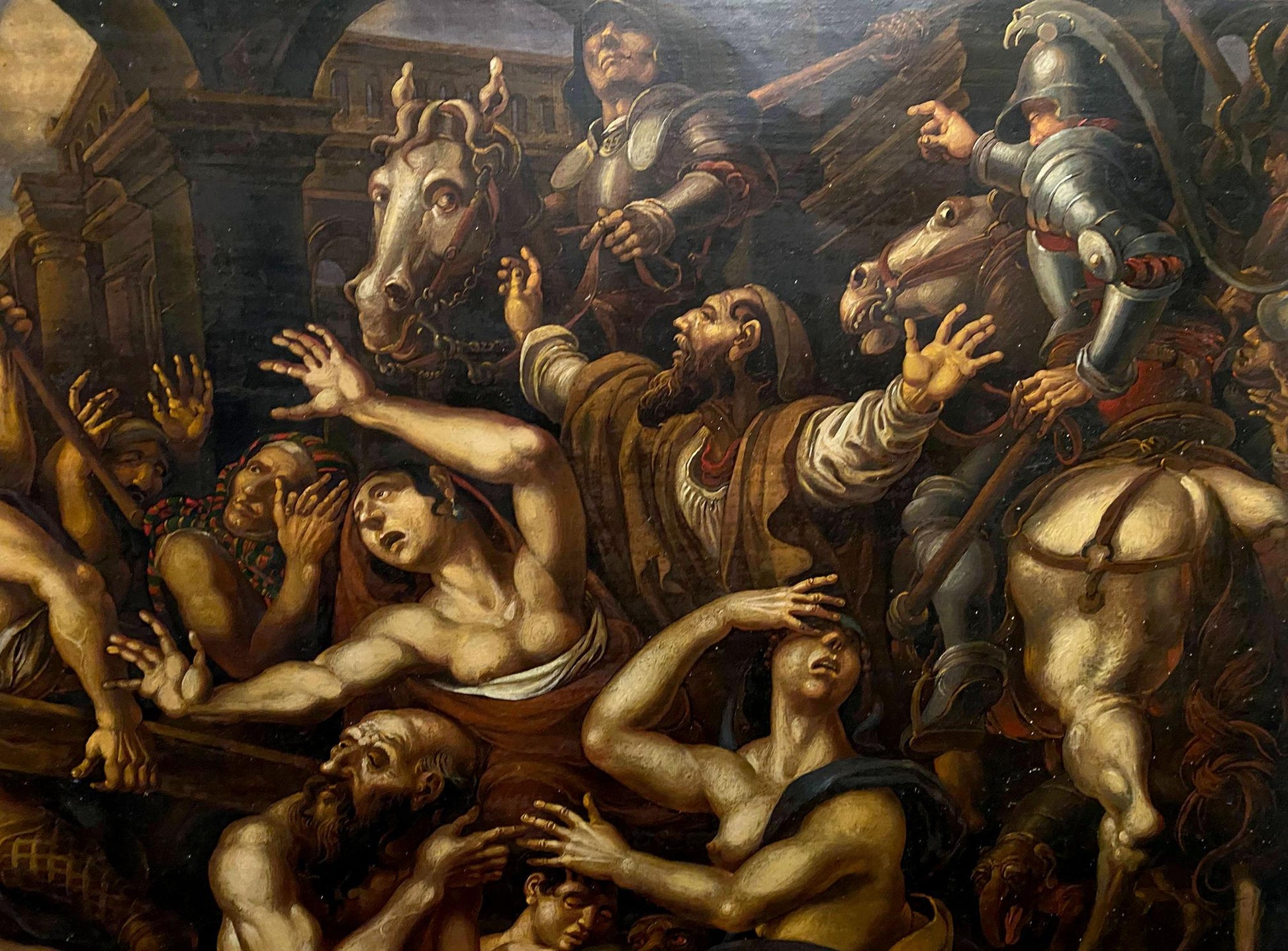Dramatic oil painting by Oleg Litvinov: Carrying a cross in chaotic crowd