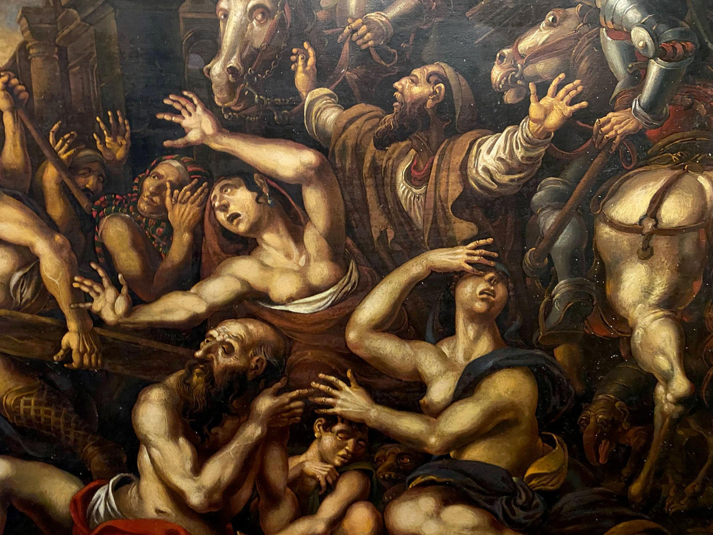Dramatic oil painting of carrying a cross in chaotic crowd by Oleg Litvinov