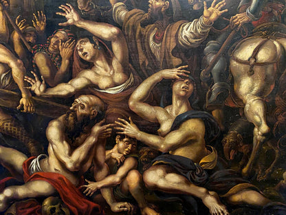 Dramatic baroque oil painting of carrying a cross in a crowd by Oleg Litvinov