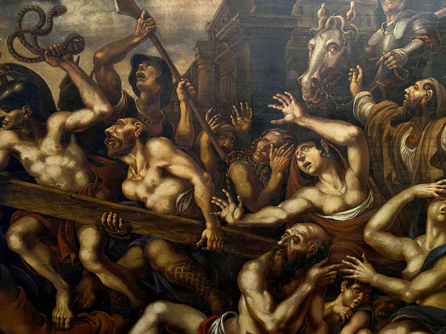 Dramatic oil painting of muscular men carrying cross in chaotic ancient crowd by Oleg Litvinov
