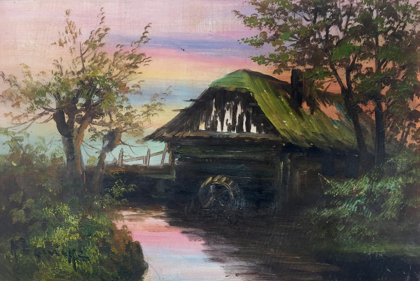 Rustic wooden watermill house in swamp, thatched roof by stream at twilight