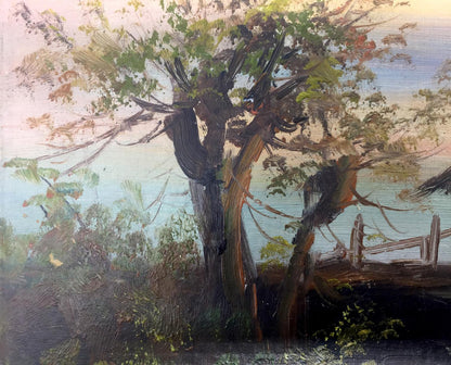 Textured oil painting of gnarled swamp house tree against hazy sky