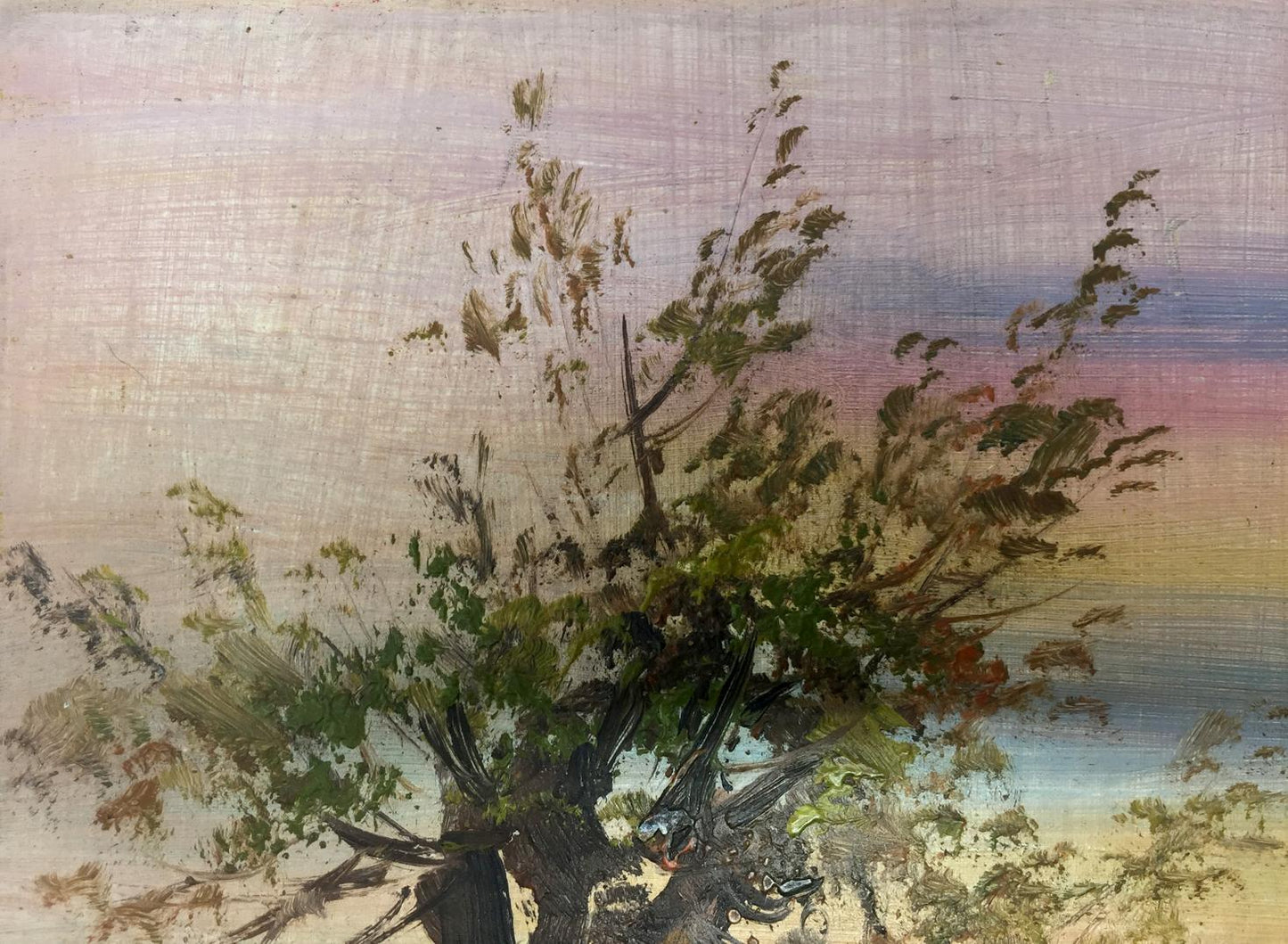 Textured oil painting of swamp house under gnarled tree against gradient sky