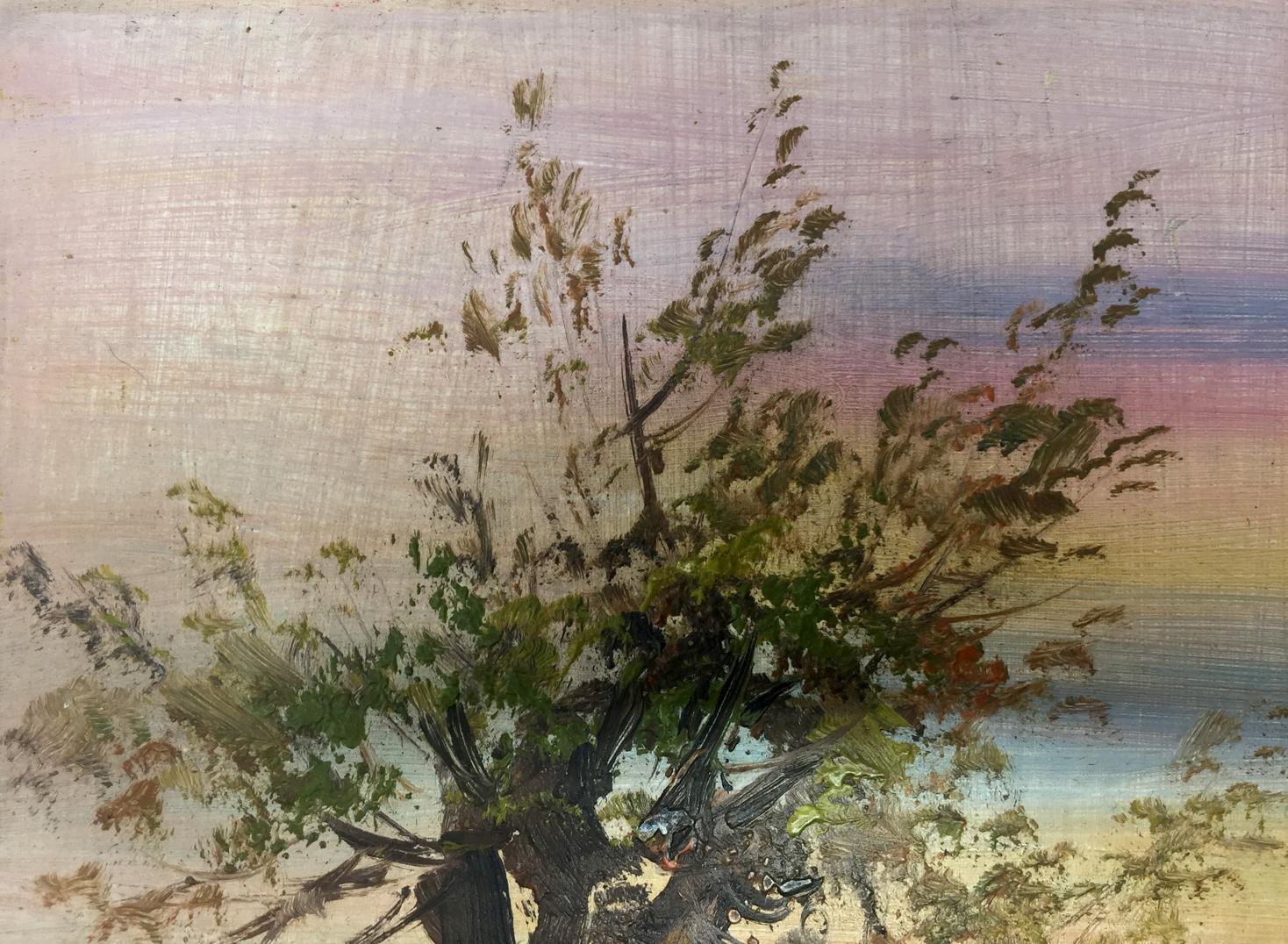 Textured oil painting of swamp house under gnarled tree against gradient sky
