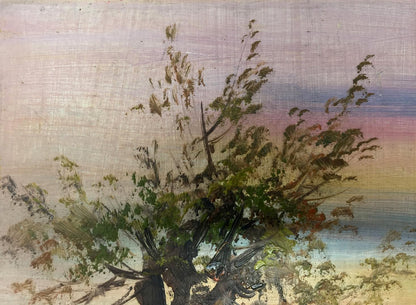 Textured oil painting of swamp house under gnarled tree against gradient sky