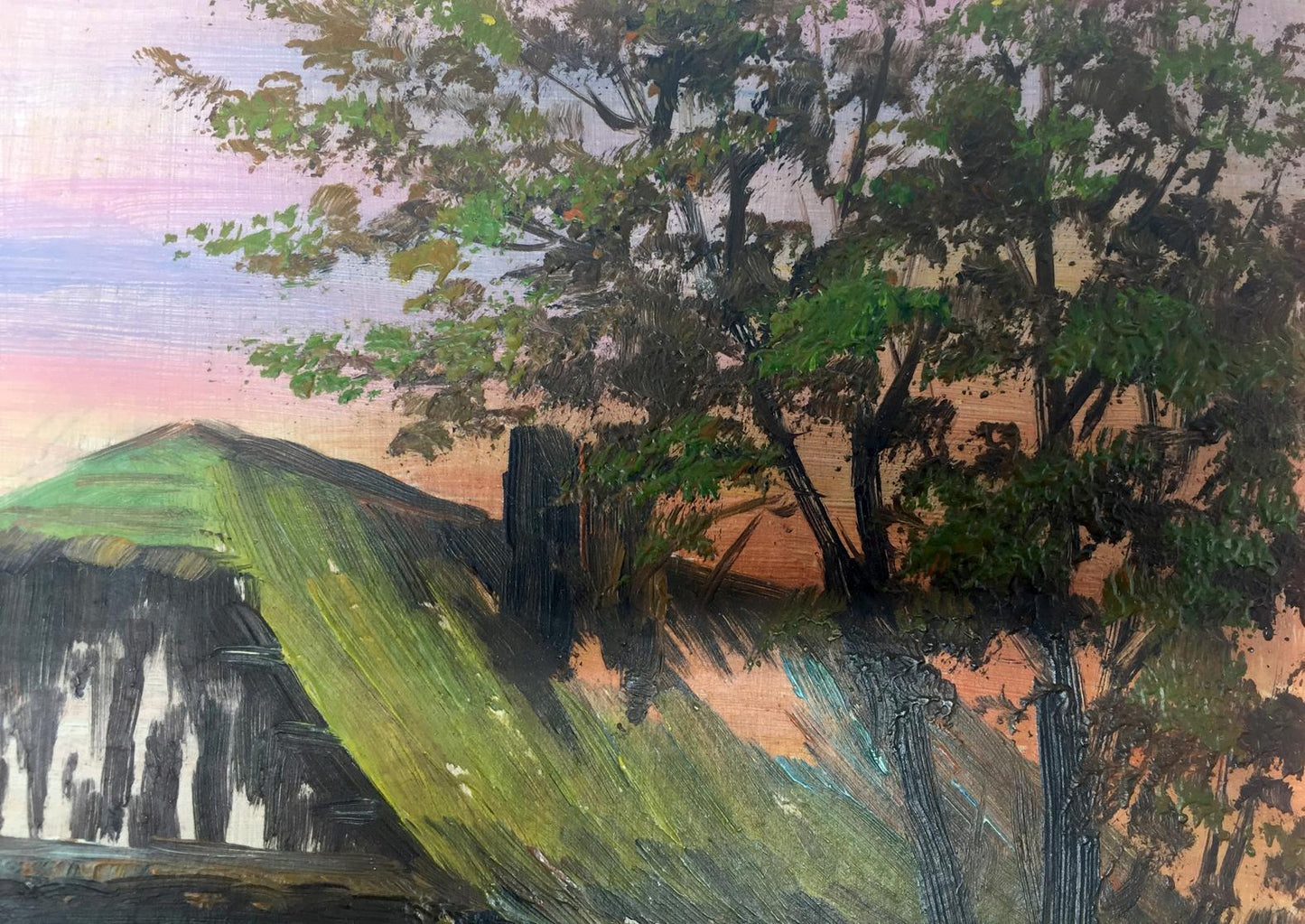 Oil painting of house in swamp with rustic green roof and pink blue sky