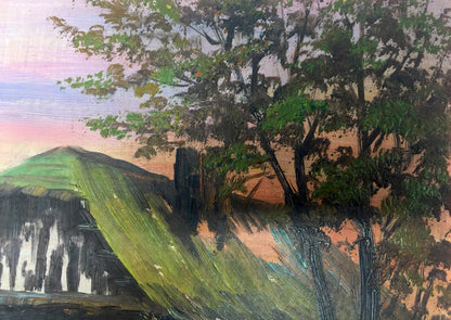 Oil painting of house in swamp with rustic green roof and pink blue sky