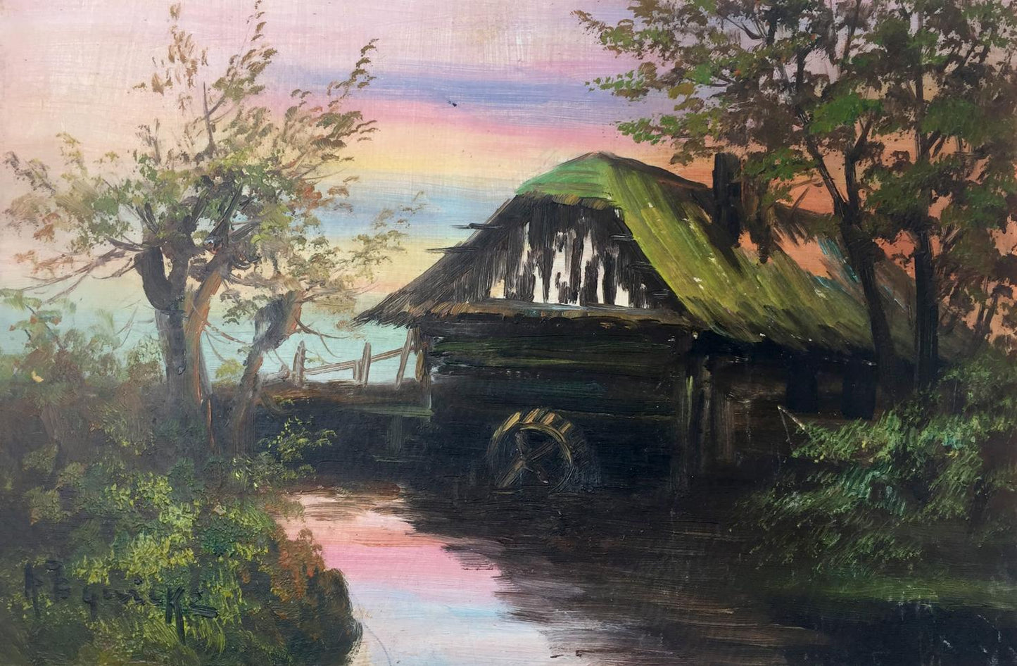 Rustic wooden watermill house in swamp, twilight sky oil painting
