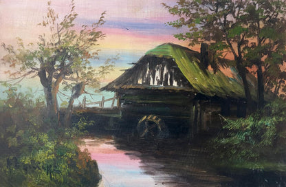 Rustic wooden watermill house in swamp, twilight sky oil painting