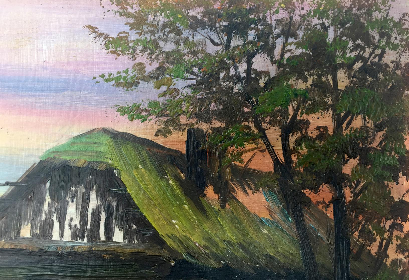 Oil painting of rustic house in swamp with green thatched roof amid trees