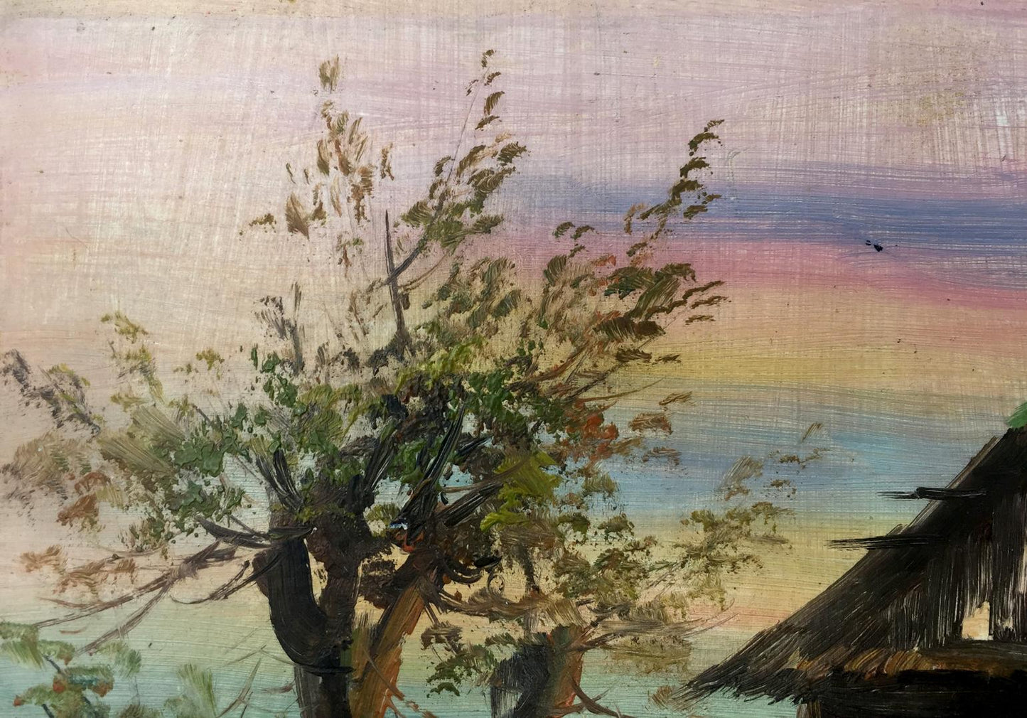 Oil painting of house in swamp with painted tree, green brown leaves, pastel sky