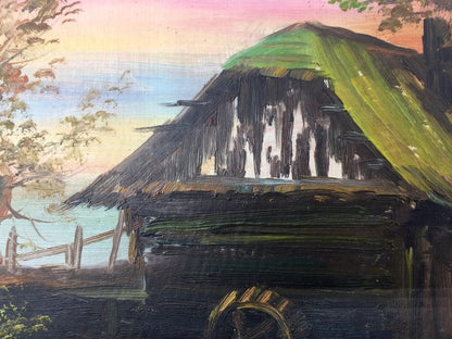 Impressionistic oil painting of rustic thatched cottage house in swamp