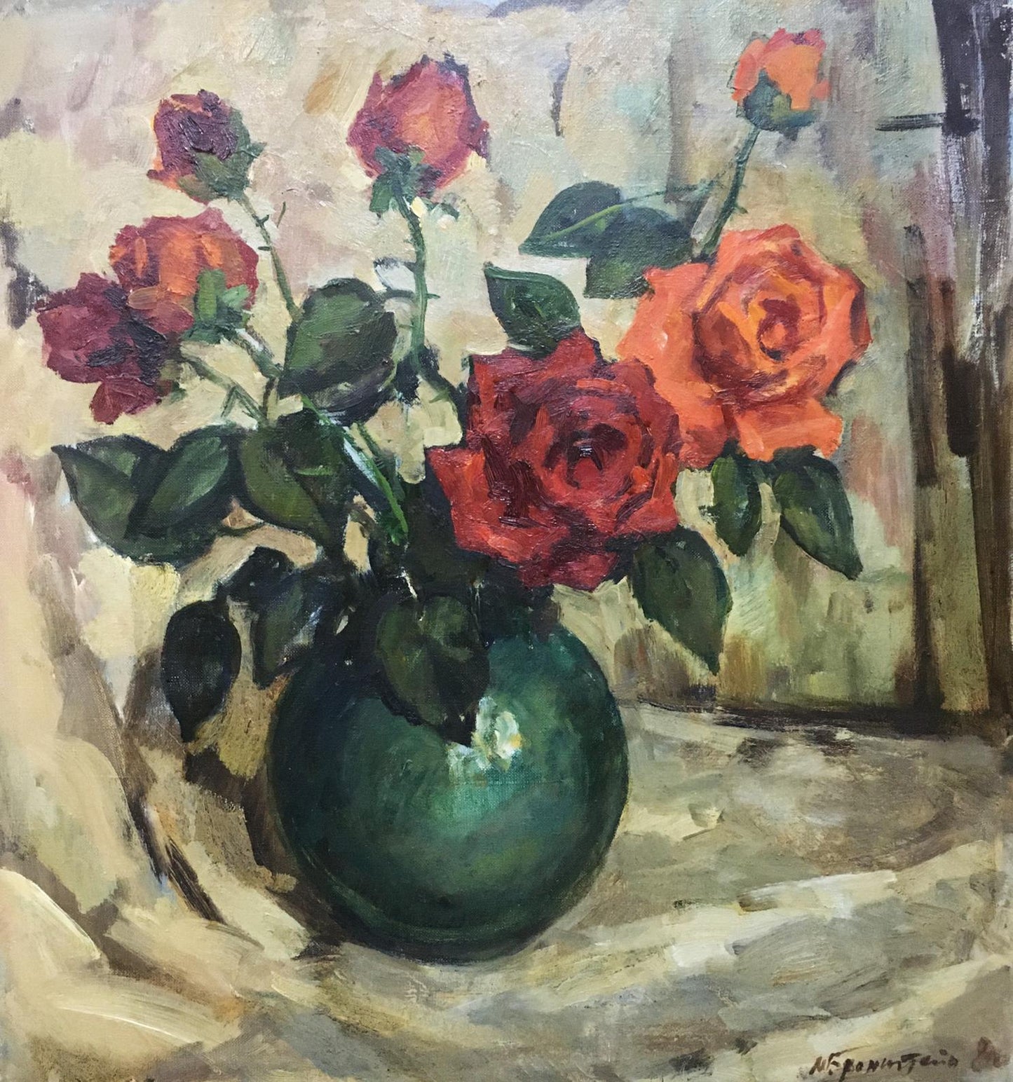 Oil painting of vibrant red and orange roses by Bronstein Mark Emmanuilovich in glossy green vase