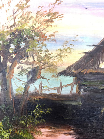Oil painting of rustic thatched-roof wooden bridge in swamp house scene